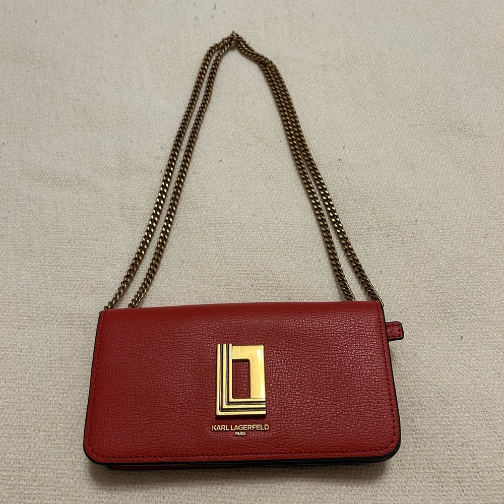 Karl Lagerfeld Scarlet Clutch with Dual Gold Chains